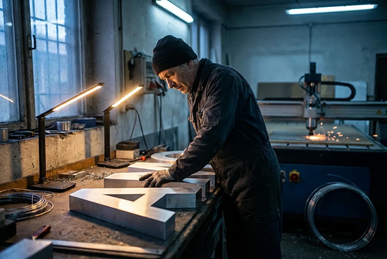 Skiltemager inspicerer fræsede aluminiumsbogstaver på værkstedet
